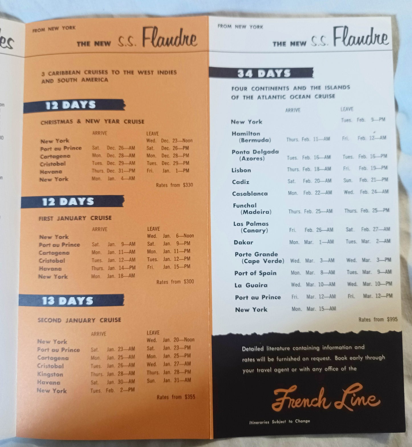 French Line Winter 1953-1954 Cruises Ile De France Flandres Antilles - TulipStuff