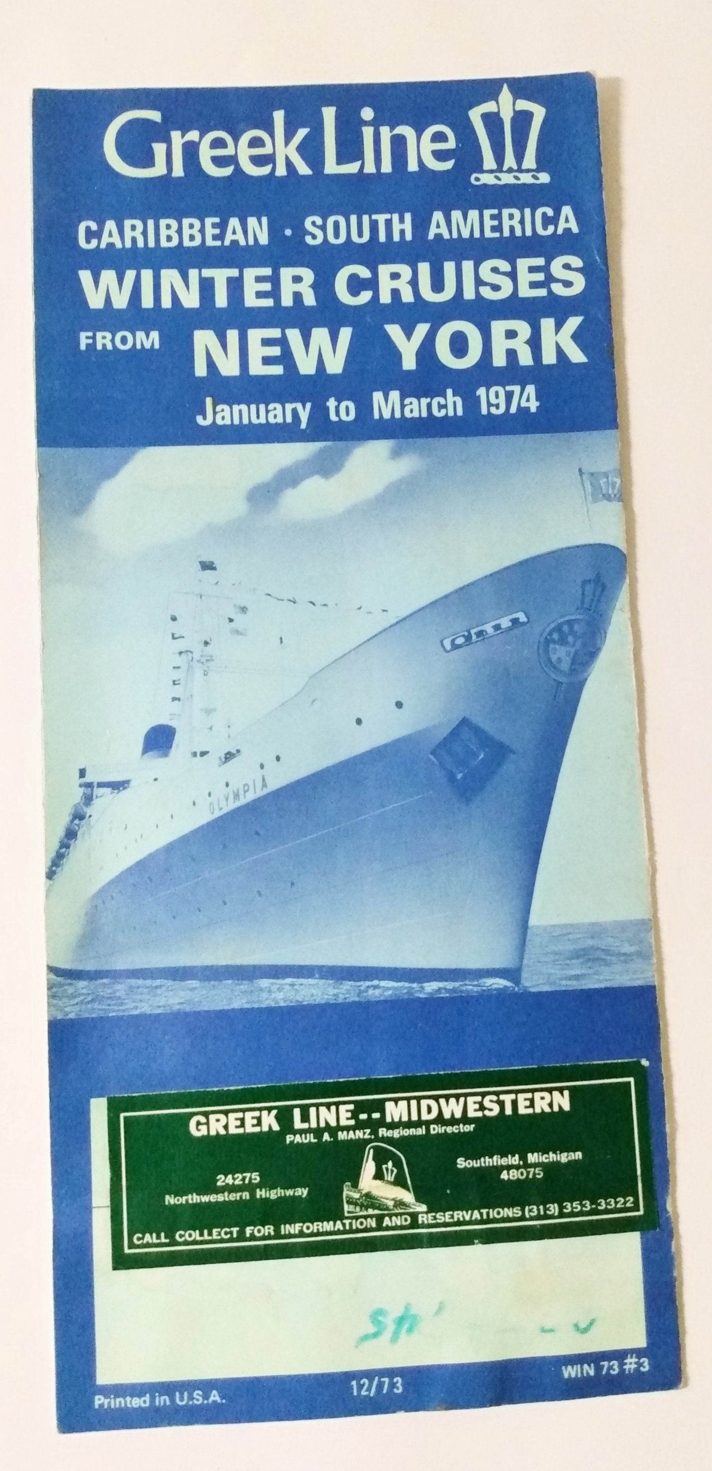 Greek Line TSS Olympia 1974 Winter Cruises From New York Brochure - TulipStuff