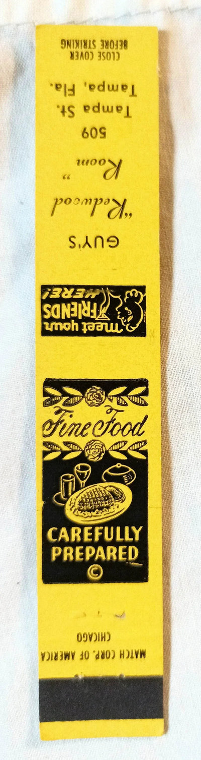 Guy's Redwood Room Restaurant Tampa Florida Matchbook Cover 1950's - TulipStuff