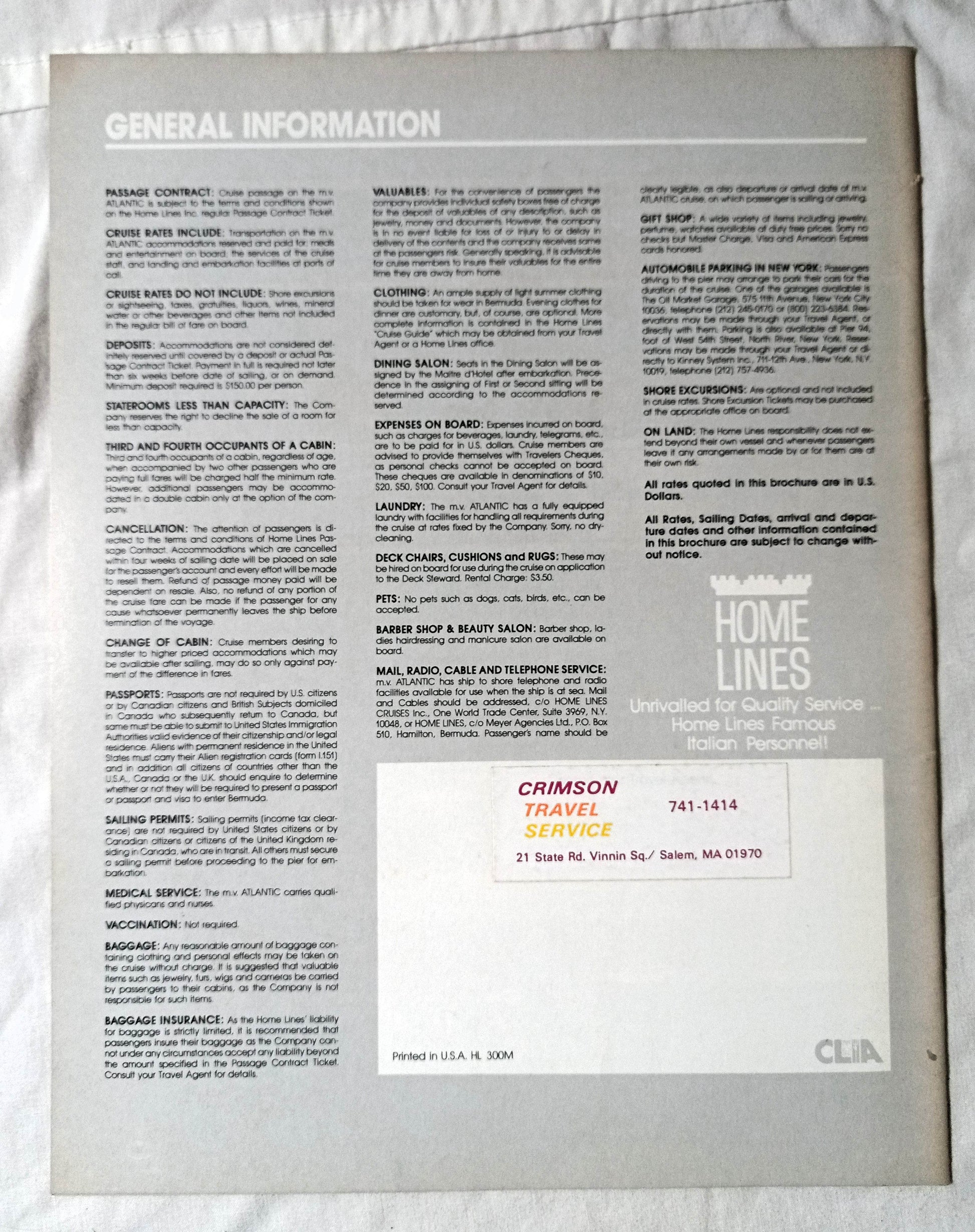 Home Lines mv Atlantic 1983 New York Bermuda 7-Day Cruises Brochure - TulipStuff