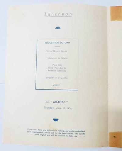 Home Lines ss Atlantic Luncheon Menu June 10 1954 ex-Matsonia - TulipStuff