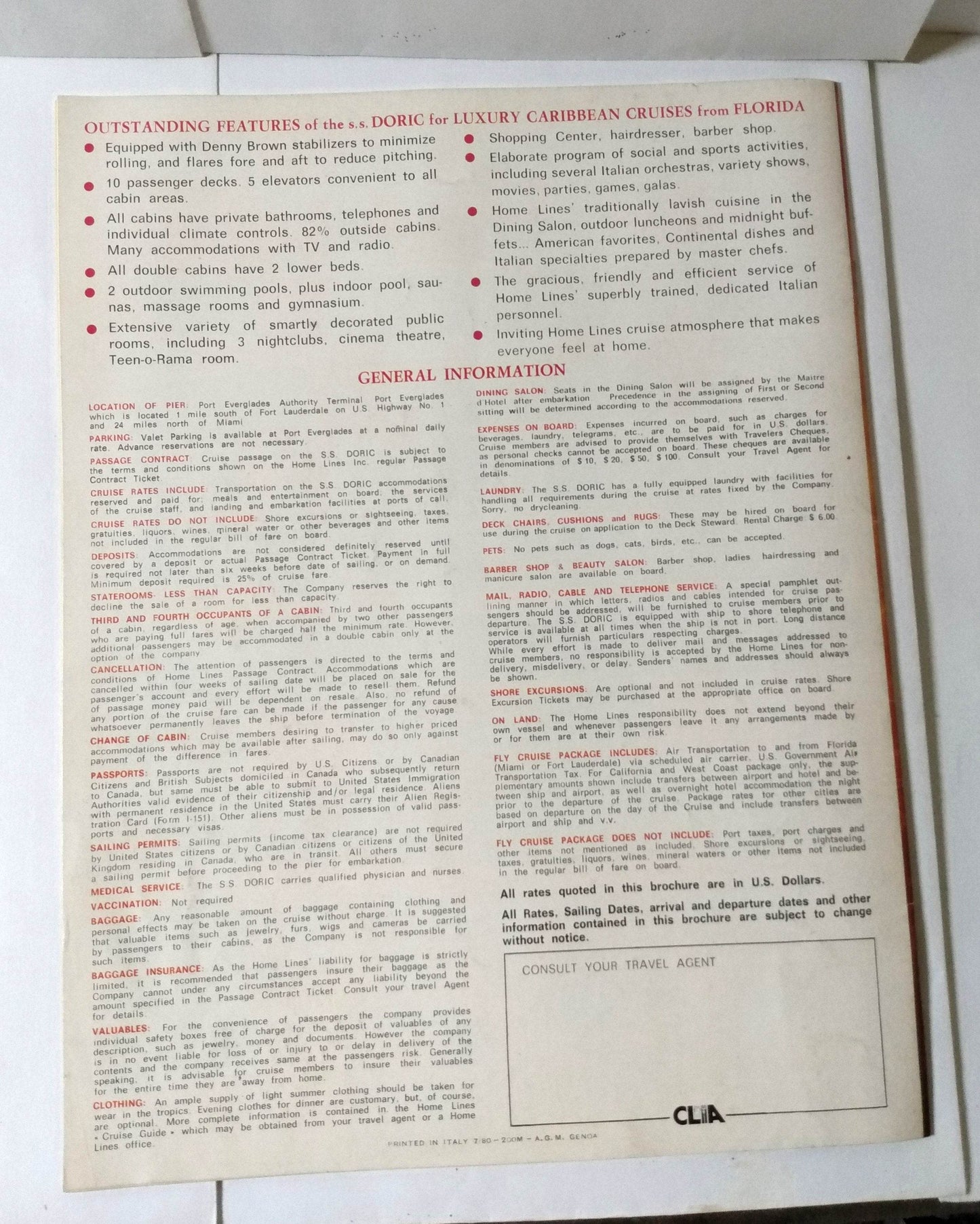 Home Lines ss Doric 1980-81 Gala Cruises Florida Caribbean Brochure - TulipStuff