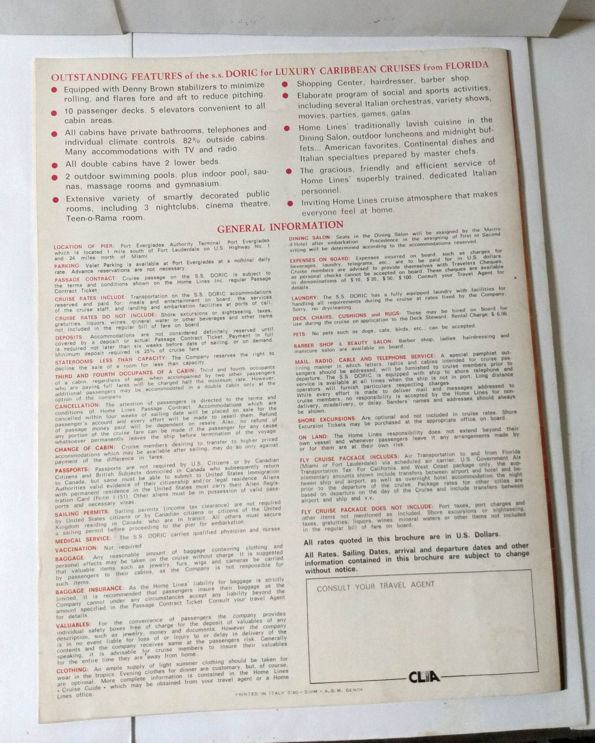 Home Lines ss Doric 1980-81 Gala Cruises Florida Caribbean Brochure - TulipStuff