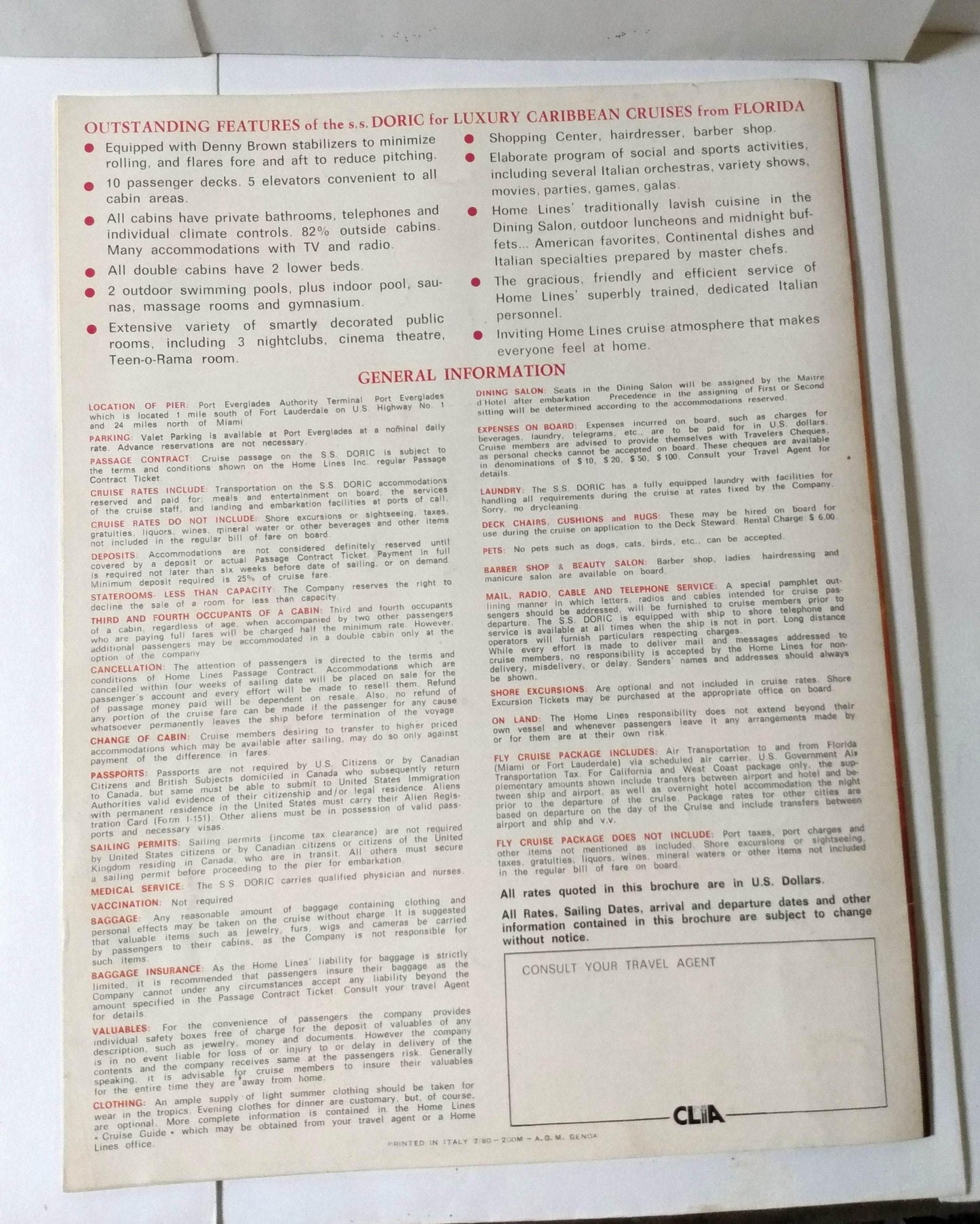 Home Lines ss Doric 1980-81 Gala Cruises Florida Caribbean Brochure - TulipStuff