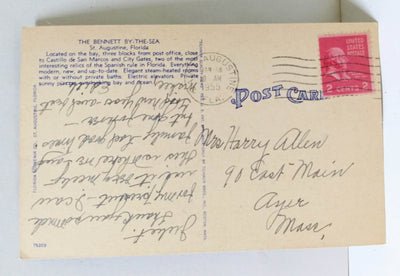 Hotel Bennett By-the-Sea St Augustine Florida Linen Postcard 1955 - TulipStuff