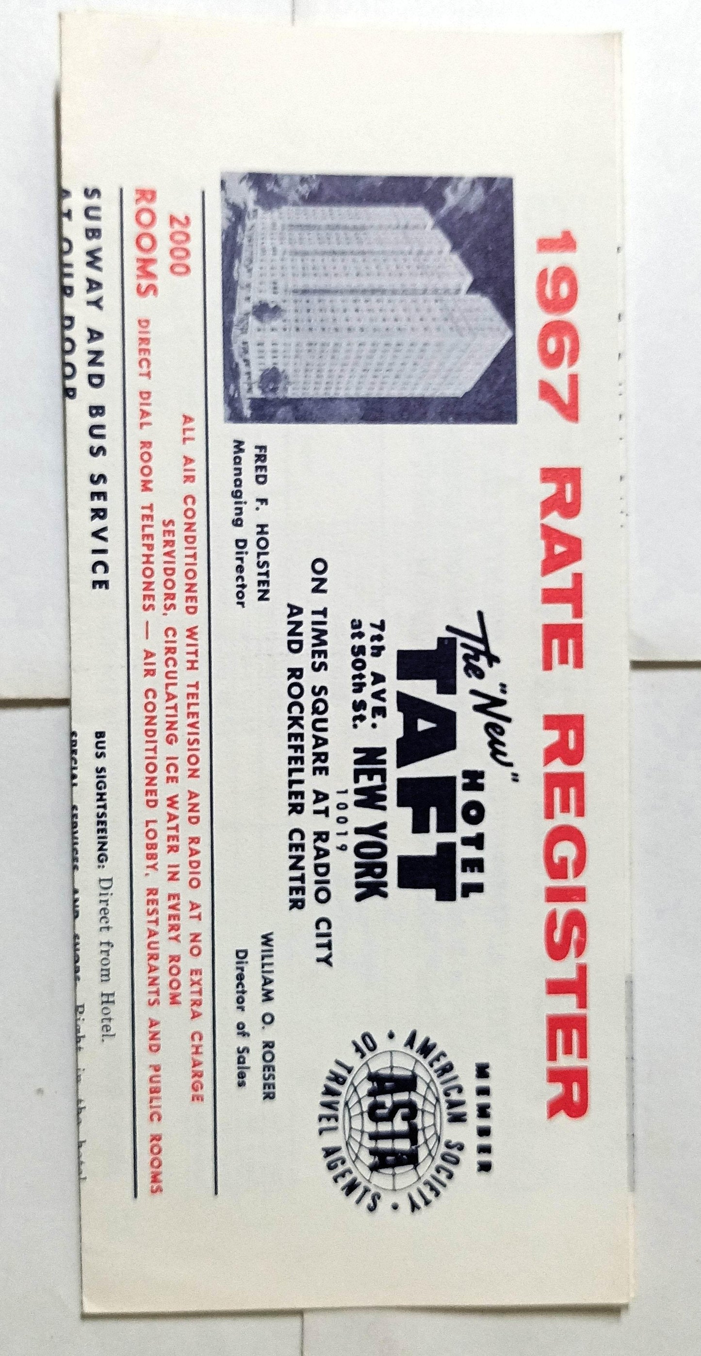 Hotel Taft Times Square 7th Ave New York City 1967 Rate Register Brochure - TulipStuff