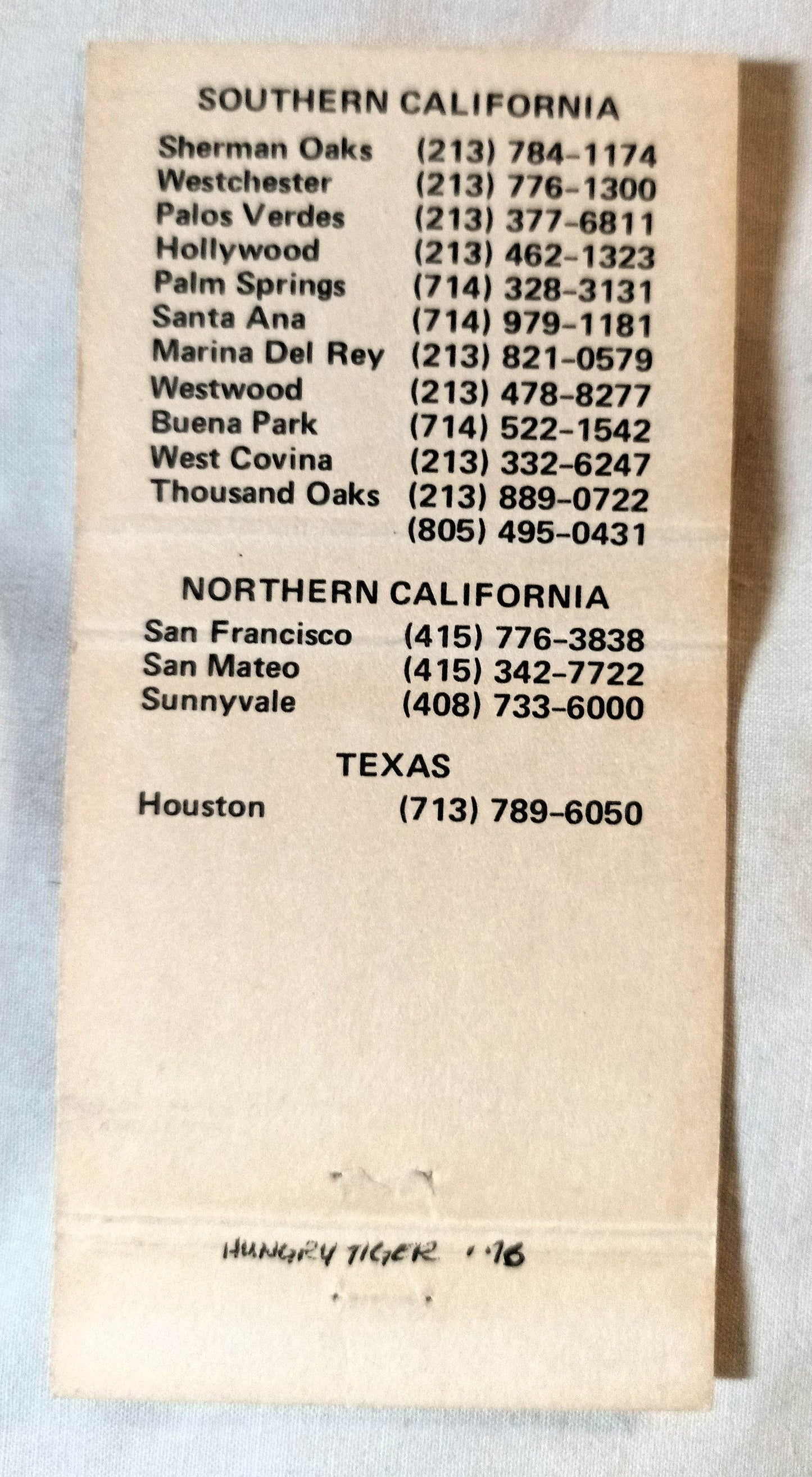 Hungry Tiger Restaurant And Seafood Oyster Bar Matchbook Cover 1980's - TulipStuff