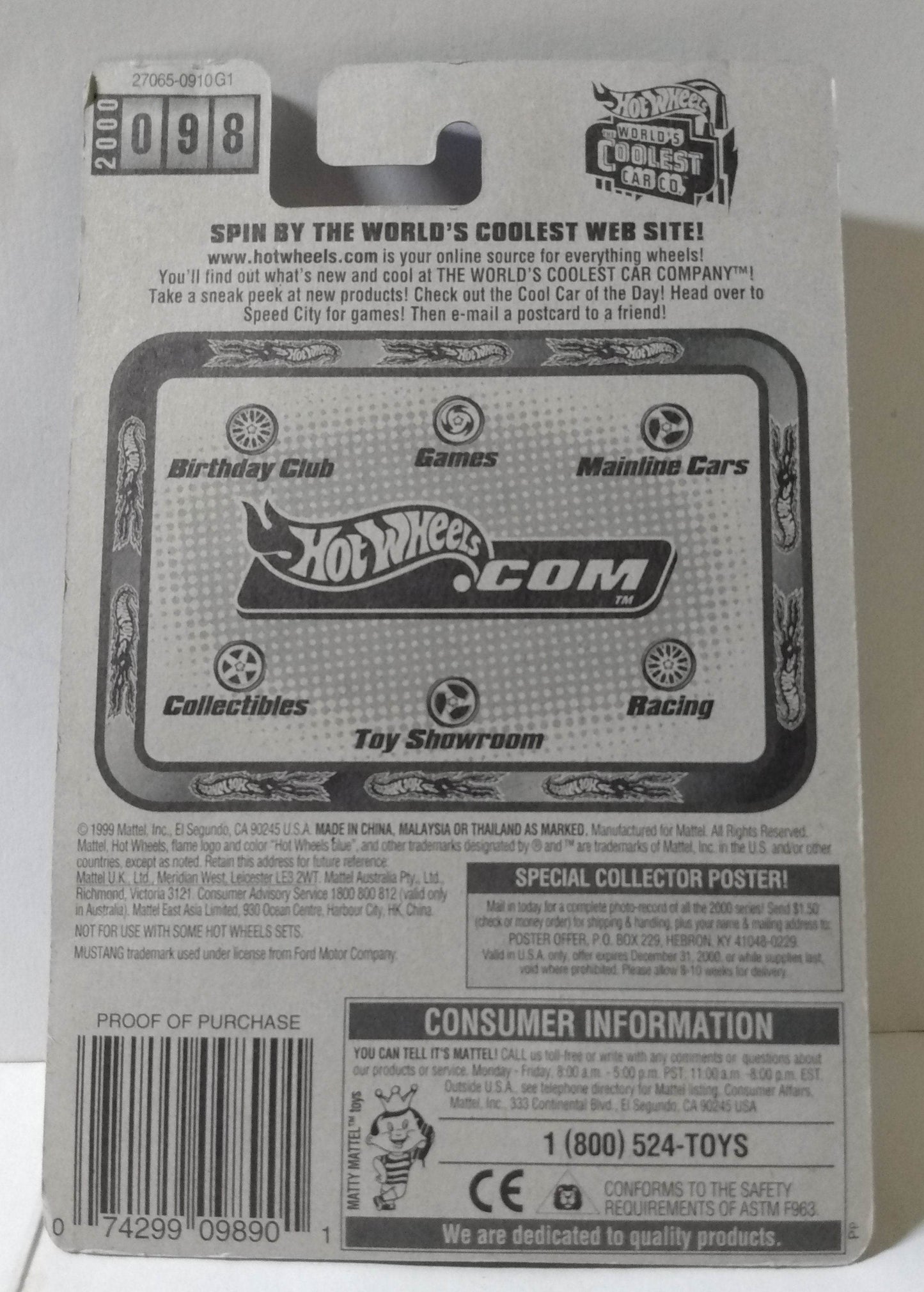 Hot Wheels 2000 Collector #098 '99 Mustang Ford Sports Car sp3 - TulipStuff