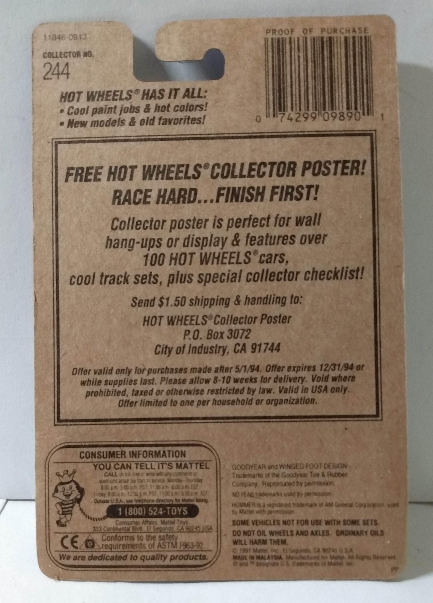 Hot Wheels Collector #244 No Fear Race Car Indy Racer bw 1994 - TulipStuff