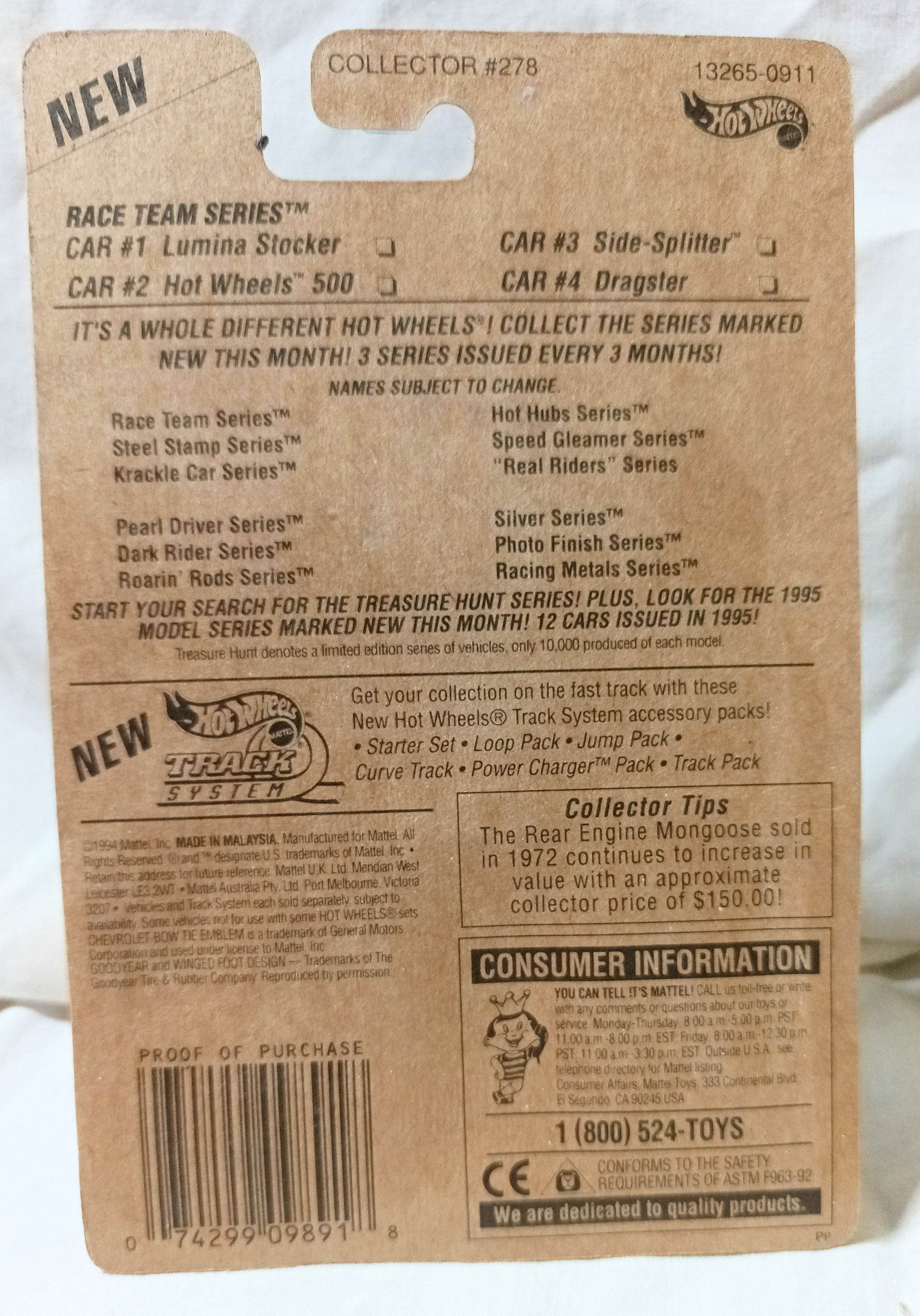 Hot Wheels Race Team Series Dragster Collector #278 bw 1995 - TulipStuff