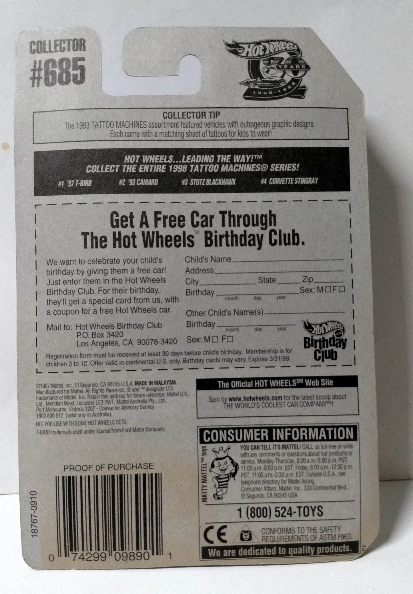 Hot Wheels Tattoo Machines Ford '57 T-Bird Collector #685 - TulipStuff