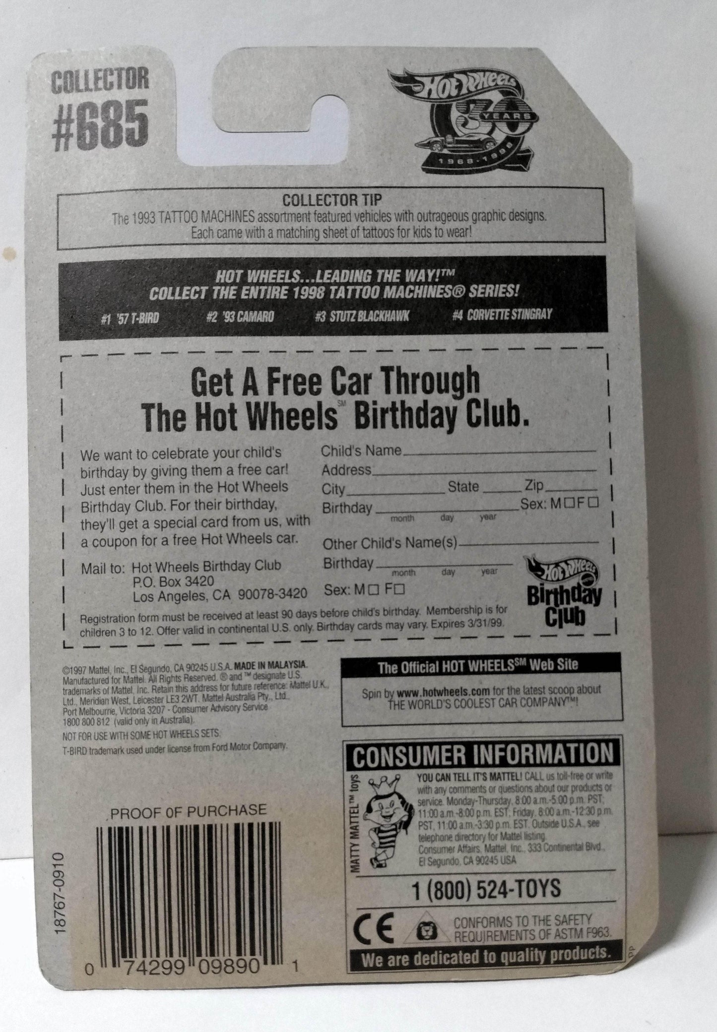 Hot Wheels Tattoo Machines Ford '57 T-Bird Collector #685 - TulipStuff