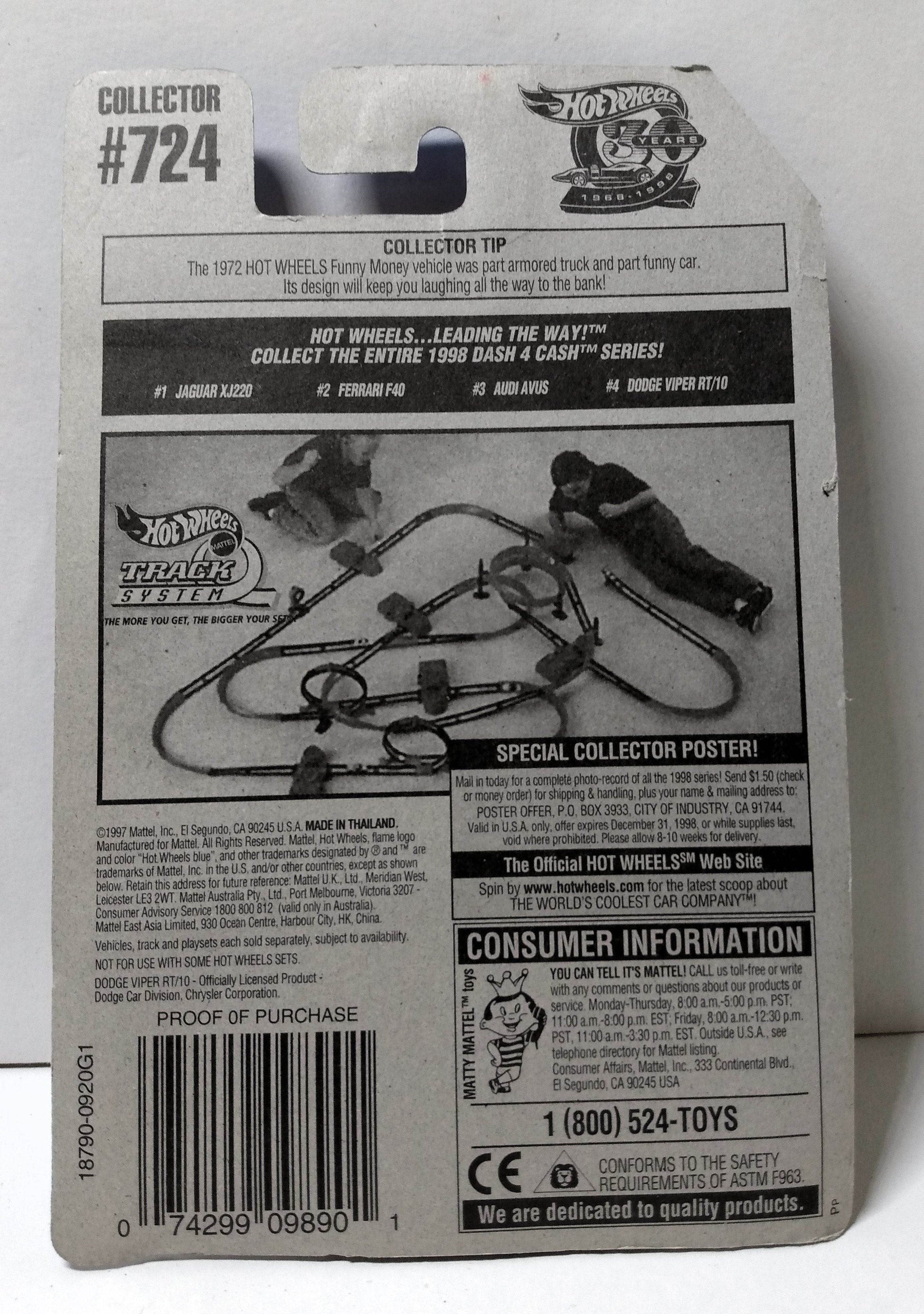 Hot Wheels Dash 4 Cash Series Collector #724 Dodge Viper RT/10 1997 - TulipStuff