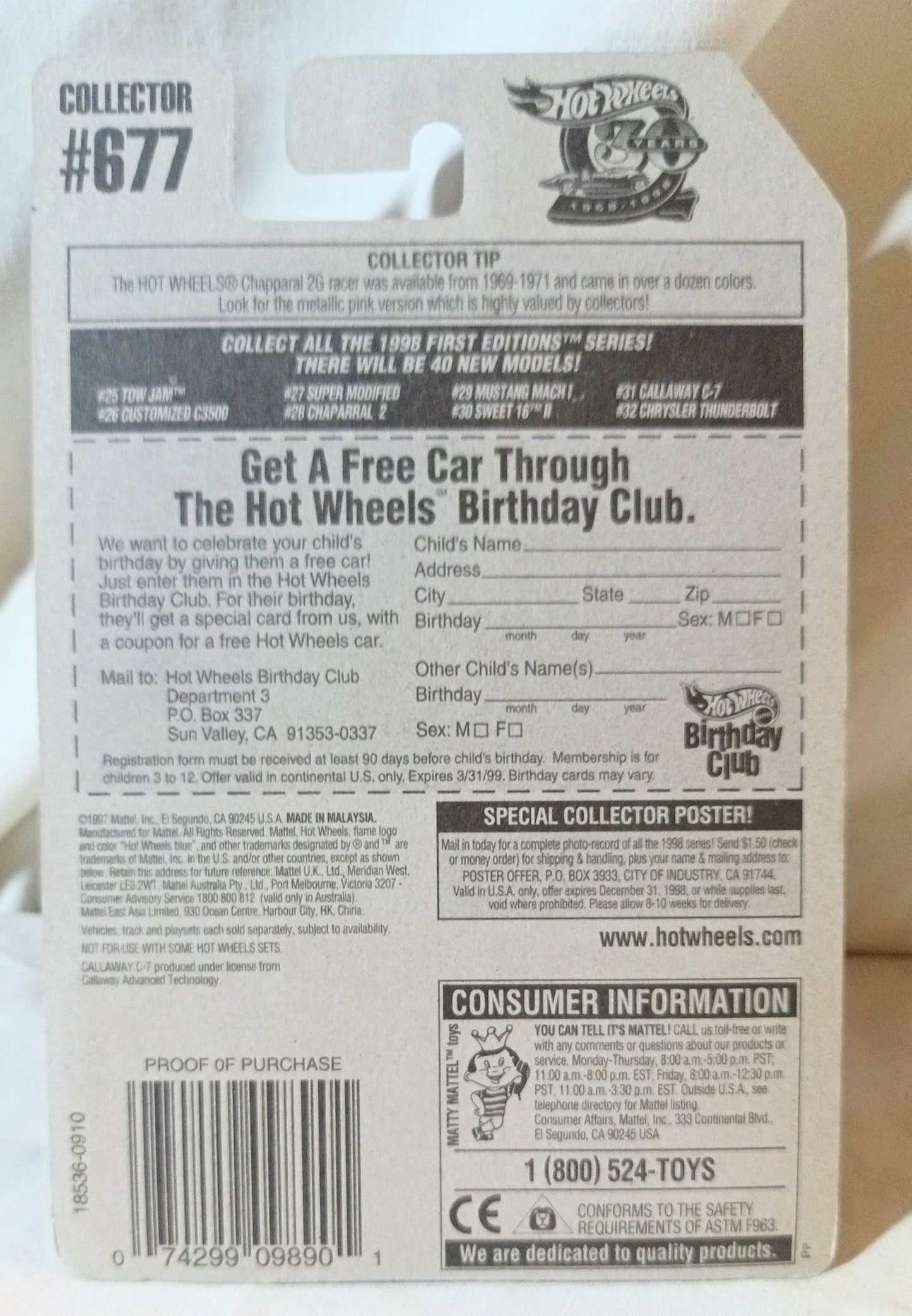 Hot Wheels 1998 First Editions Callaway C-7 Collector #677 Race Car - TulipStuff