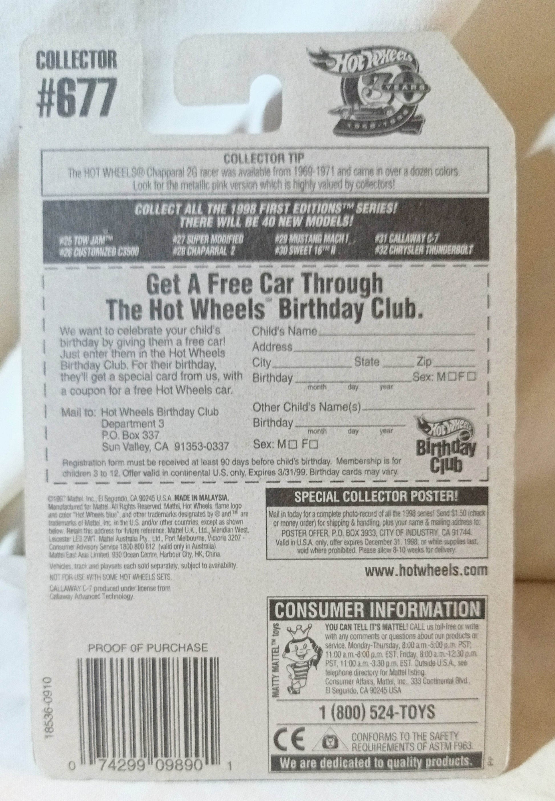 Hot Wheels 1998 First Editions Callaway C-7 Collector #677 Race Car - TulipStuff