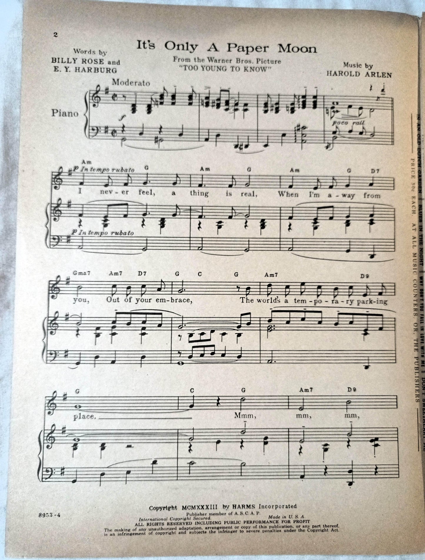 It's Only A Paper Moon Too Young To Know Joan Leslie Sheet Music 1933 - TulipStuff