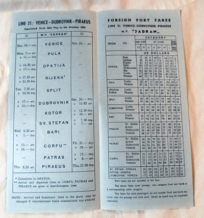 Jadrolinija mv Jadran Summer 1963 Sailing Schedule Italy Yugoslavia Greece - TulipStuff