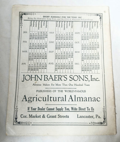Agricultural Almanac 1947 John Baer's Sons Lancaster PA 122nd Volume - TulipStuff