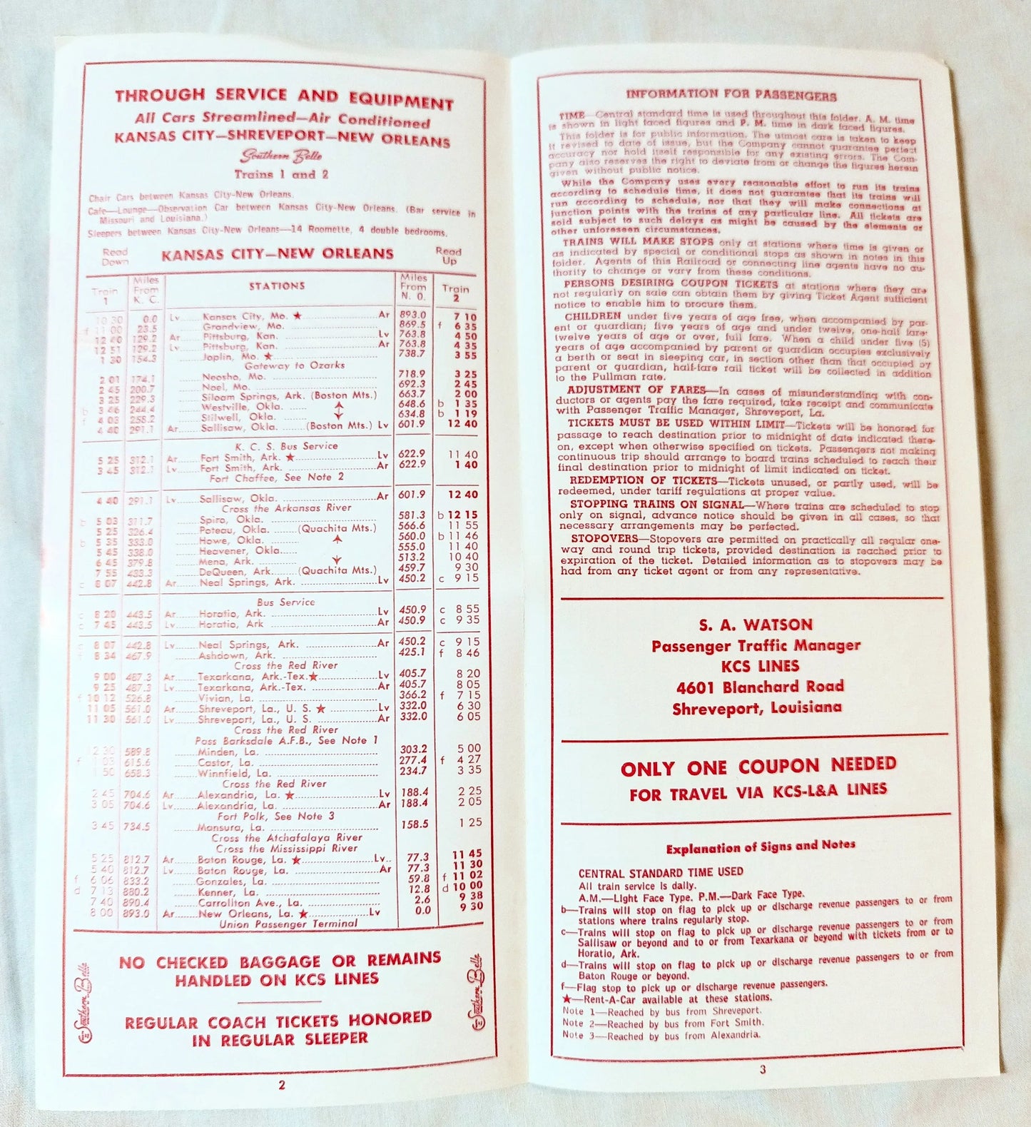 Kansas City Southern Passenger Train Timetable Southern Belle 1968 - TulipStuff