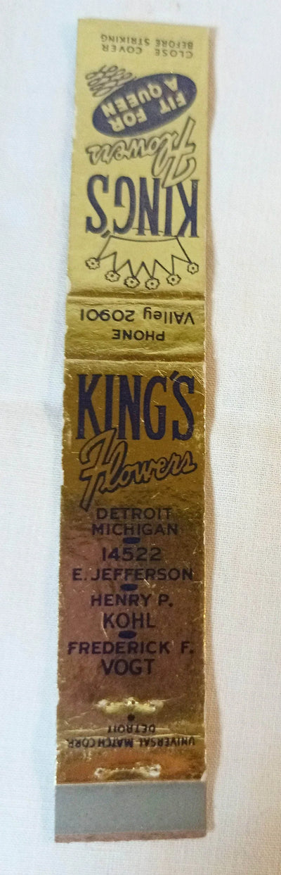 King's Flowers Fit For A Queen Jefferson Detroit Matchbook Cover 1950s - TulipStuff