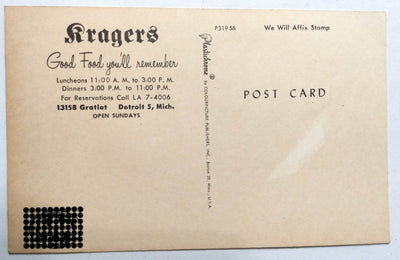 Kragers German Restaurant Gratiot Detroit Michigan 1950's Postcard - TulipStuff