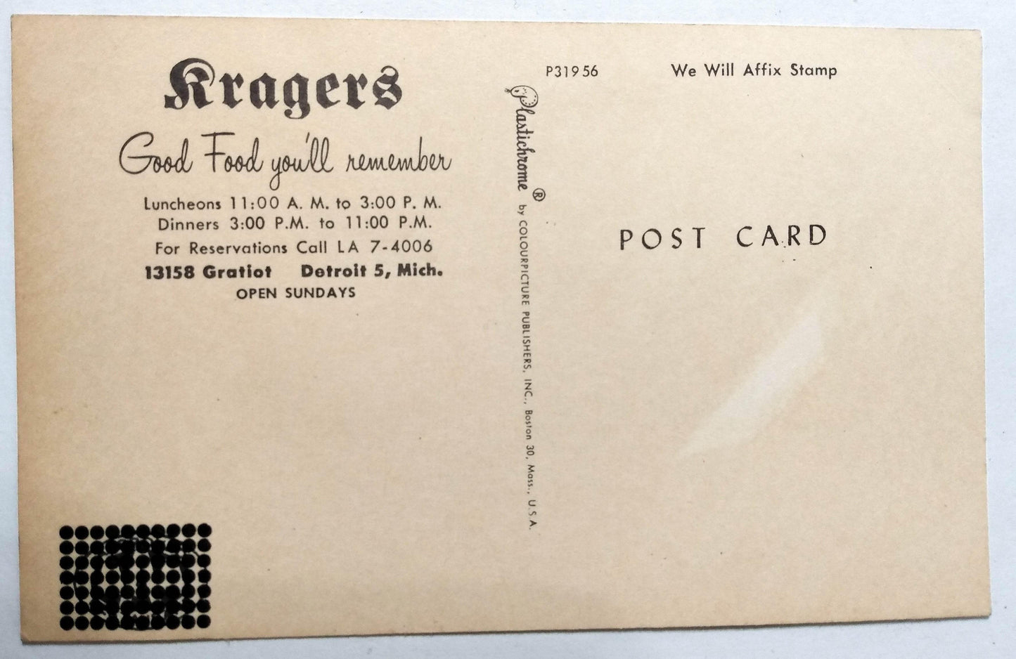 Kragers German Restaurant Gratiot Detroit Michigan 1950's Postcard - TulipStuff