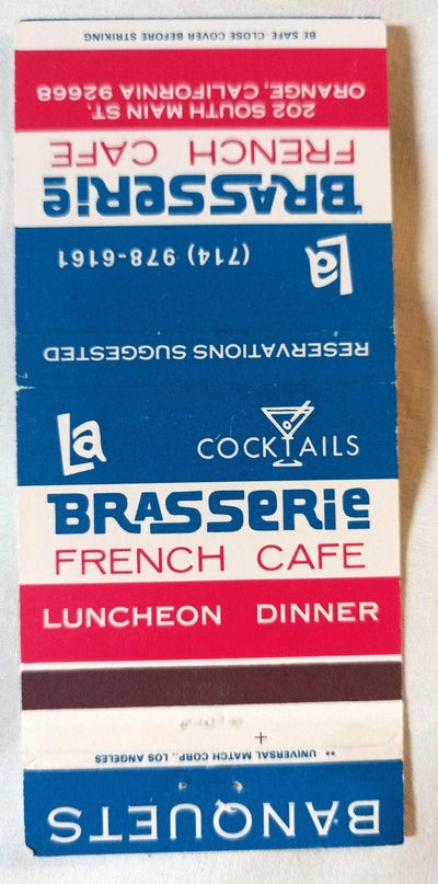 La Brasserie French Cafe Restaurant Orange CA Matchbook Cover 1970's - TulipStuff