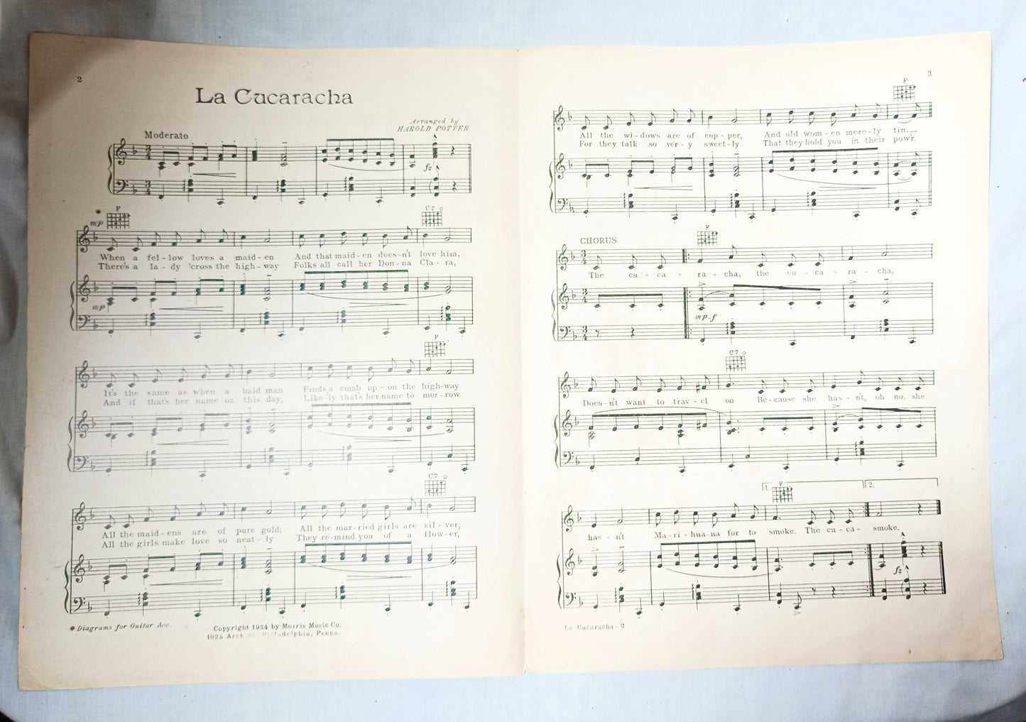 La Cucaracha Mexican Cockroach Song Guitar Chords Sheet Music 1934 - TulipStuff