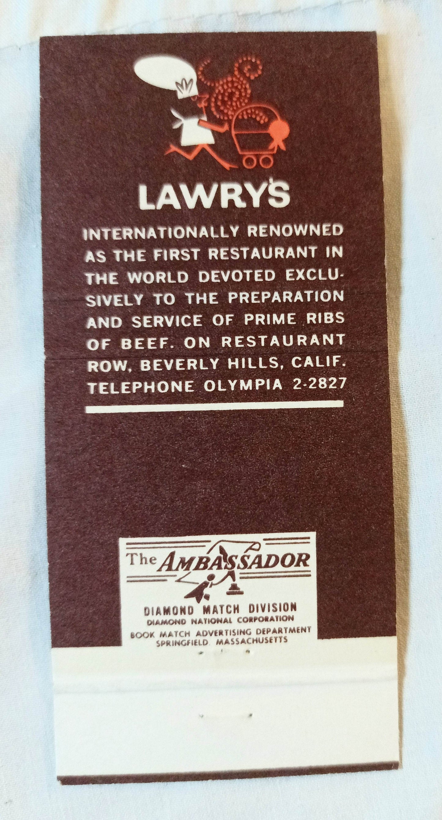 Lawry's The Prime Rib Beverly Hills Matchbook Cover Early 1960's - TulipStuff