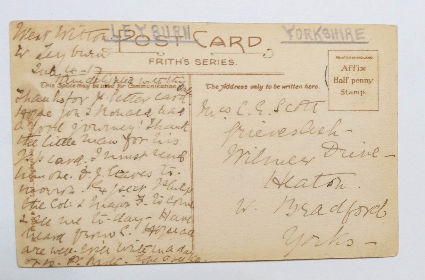 View From Leyburn Shawl North Yorkshire England Frith's 1917 - TulipStuff