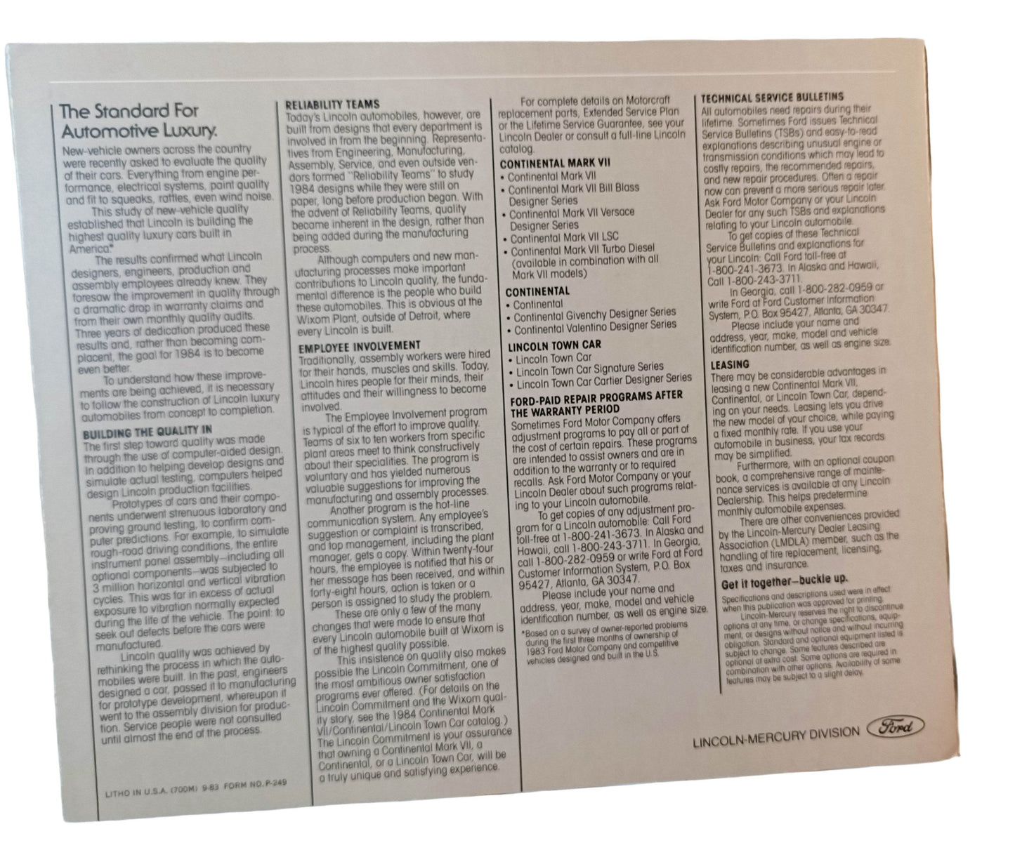 Lincoln 1984 Continental Mark VII Town Car US Dealer Sales Brochure - TulipStuff
