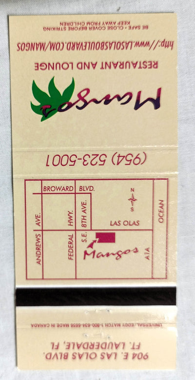 Mangos Restaurant Lounge Las Olas Ft Lauderdale Matchbook Cover 2000's - TulipStuff