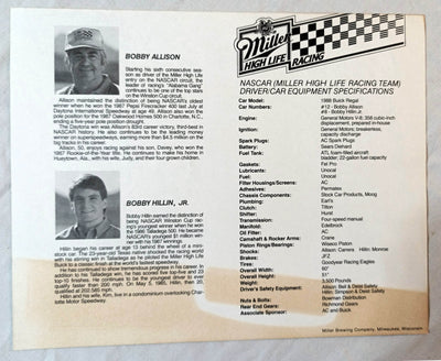 Miller High Life Racing 1988 Bobby Allison Bobby Hillin Jr Photo Card 10X8 - TulipStuff