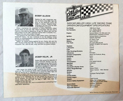 Miller High Life Racing 1988 Bobby Allison Bobby Hillin Jr Photo Card 10X8 - TulipStuff