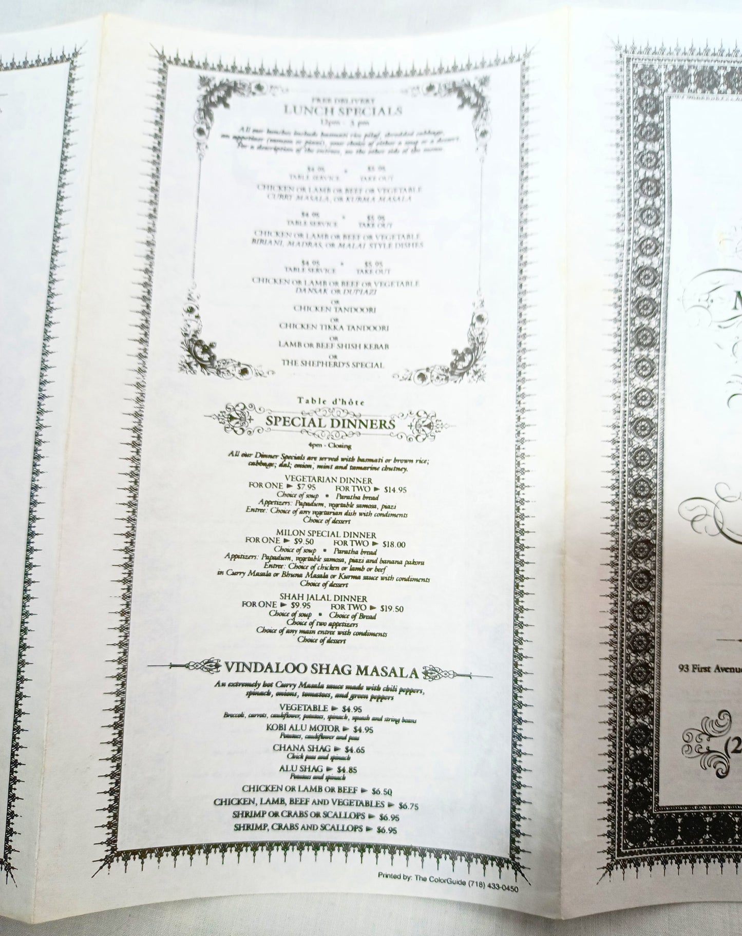 Milon Bangladeshi Restaurant 1st Ave Little India NYC Menu 1990s - TulipStuff