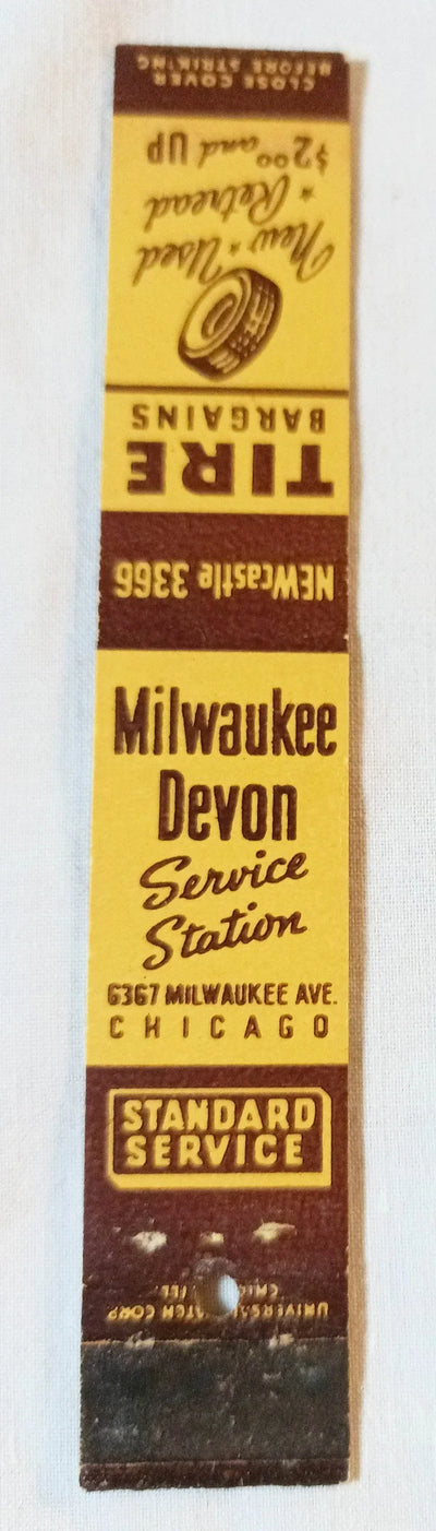 Milwaukee Devon Service Station Chicago Matchbook Cover 1950's - TulipStuff