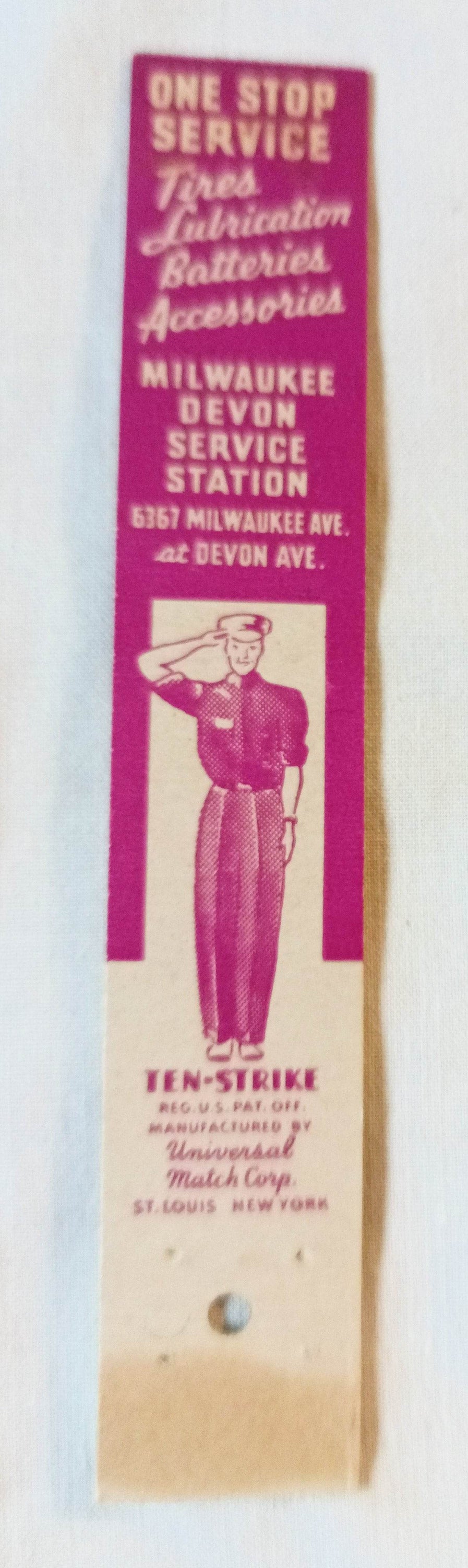Milwaukee Devon Service Station Chicago Matchbook Cover 1950's - TulipStuff