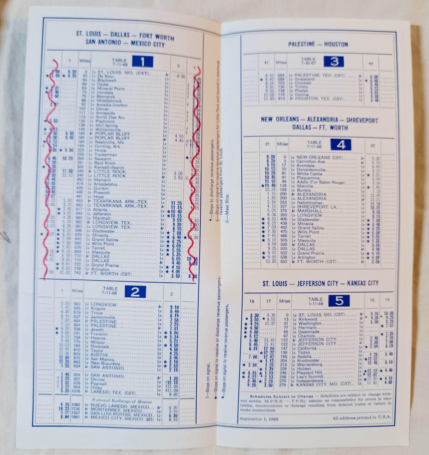 Missouri Pacific Lines Passenger Train Schedule 1968 Midwest Southwest - TulipStuff