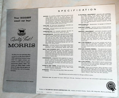 Morris 1000 Sedan Station Wagon Dealer Sales Specification Sheet 1959 - TulipStuff