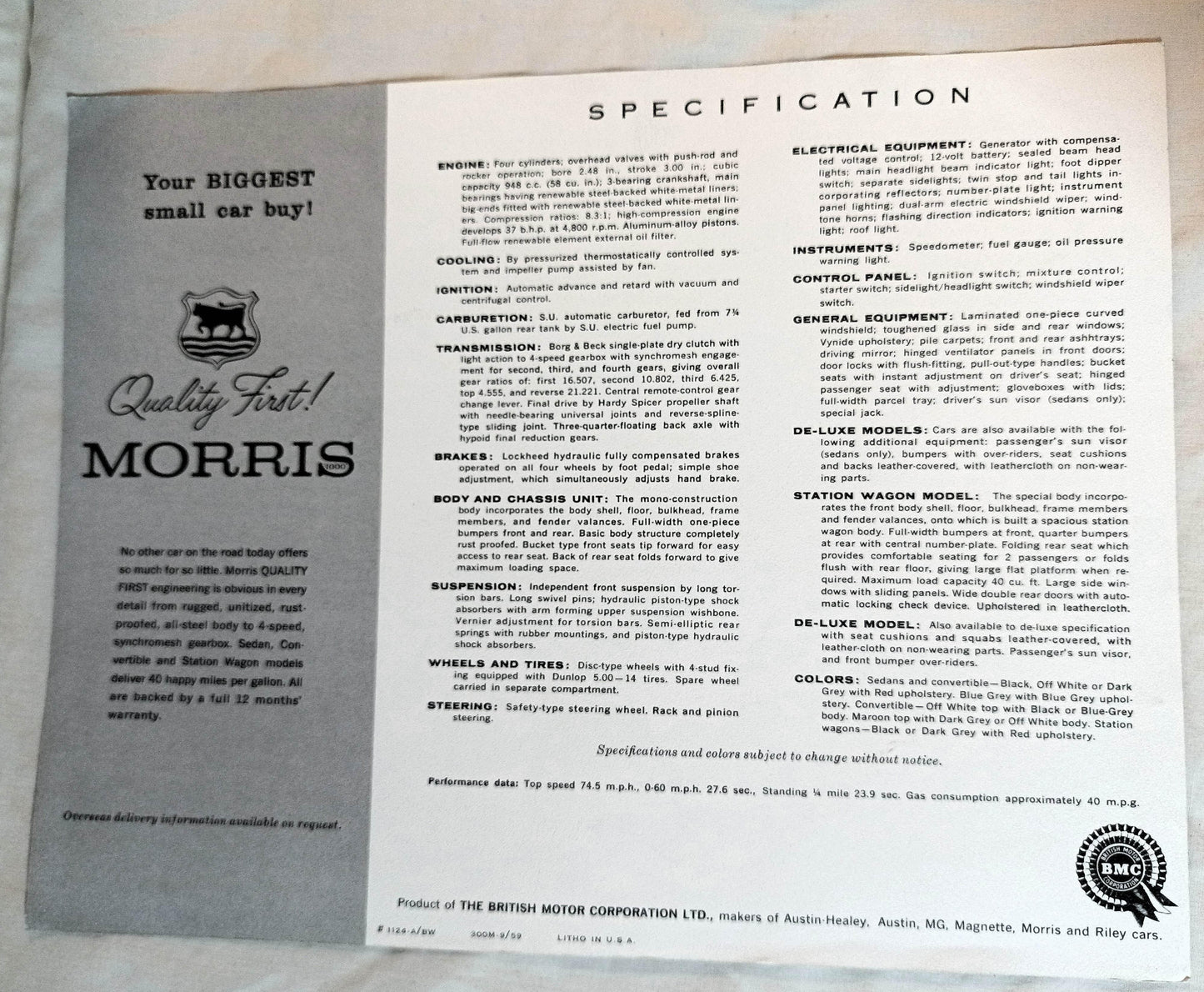 Morris 1000 Sedan Station Wagon Dealer Sales Specification Sheet 1959 - TulipStuff