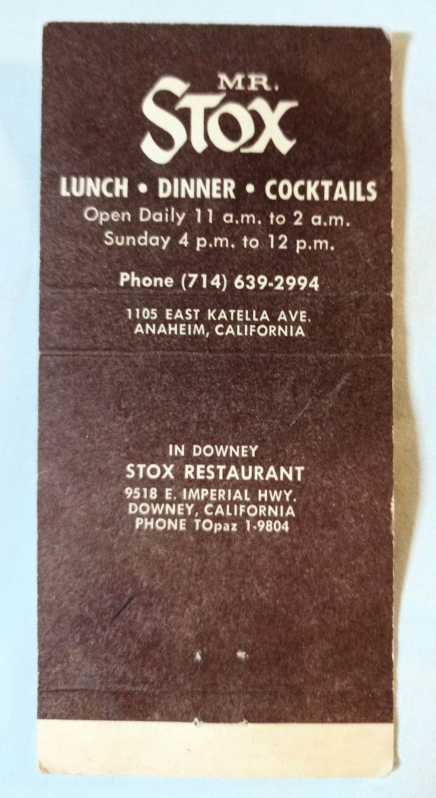 Mr Stox Restaurant E Katella Ave Anaheim CA Matchbook Cover 1980's - TulipStuff