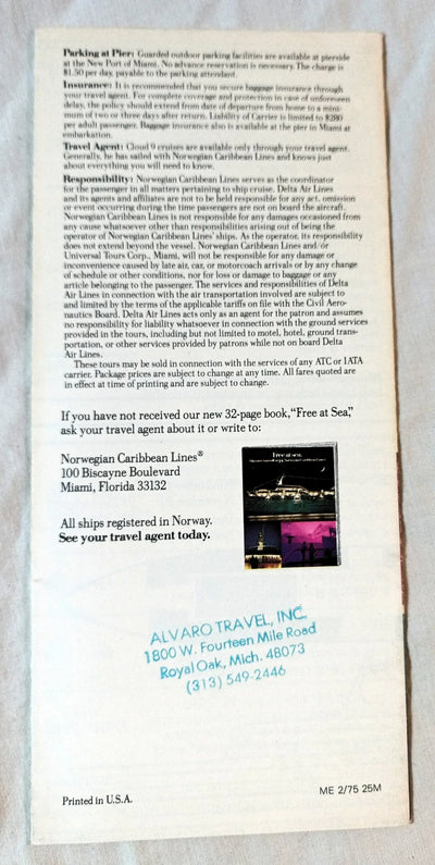 Norwegian Caribbean Lines 1975 Cloud 9 Caribbean Fly Cruises Detroit - TulipStuff