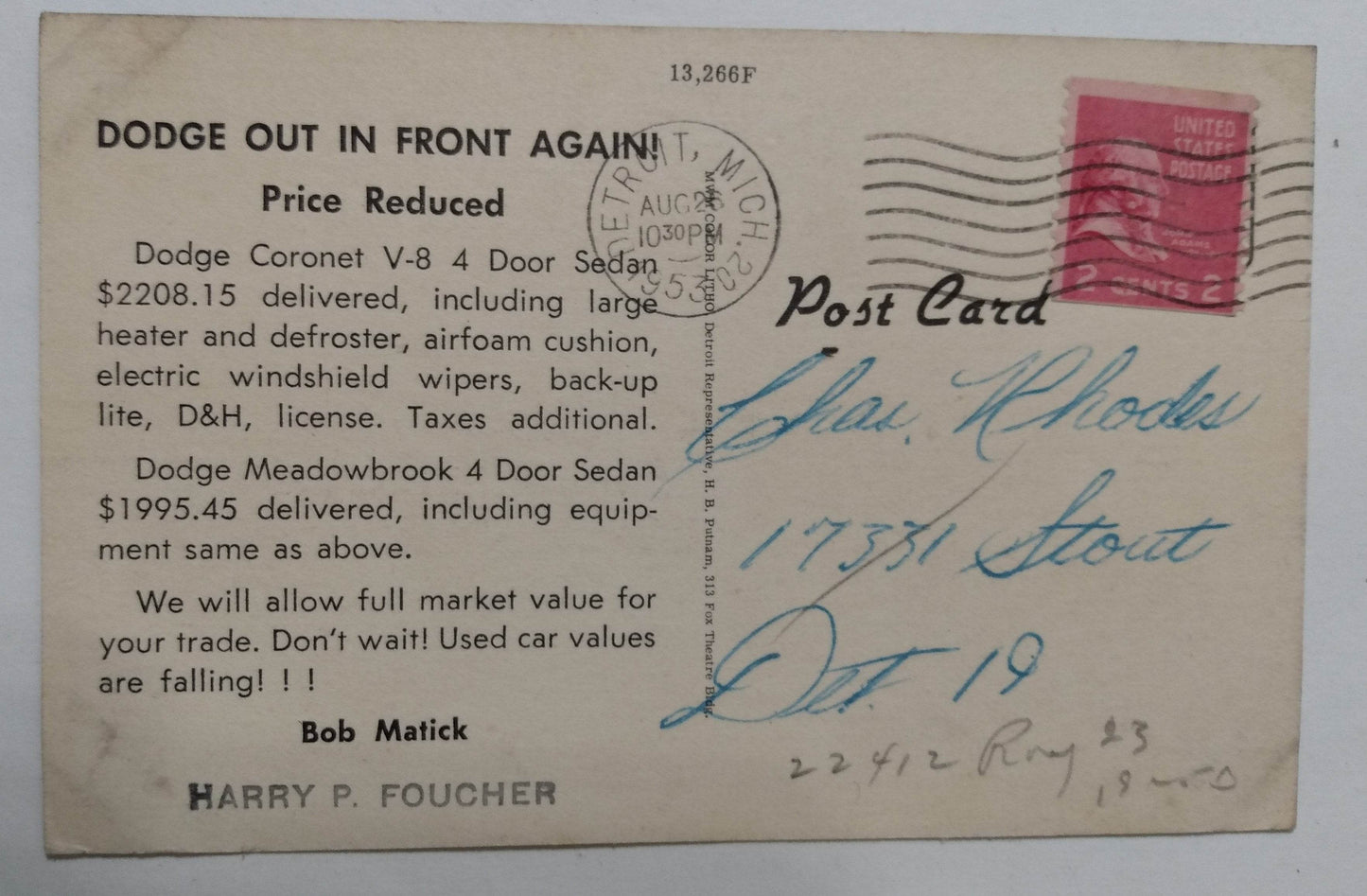 Northeast Auto Co Dodge Plymouth Cars Truck Detroit MI Car Dealer 1953 - TulipStuff