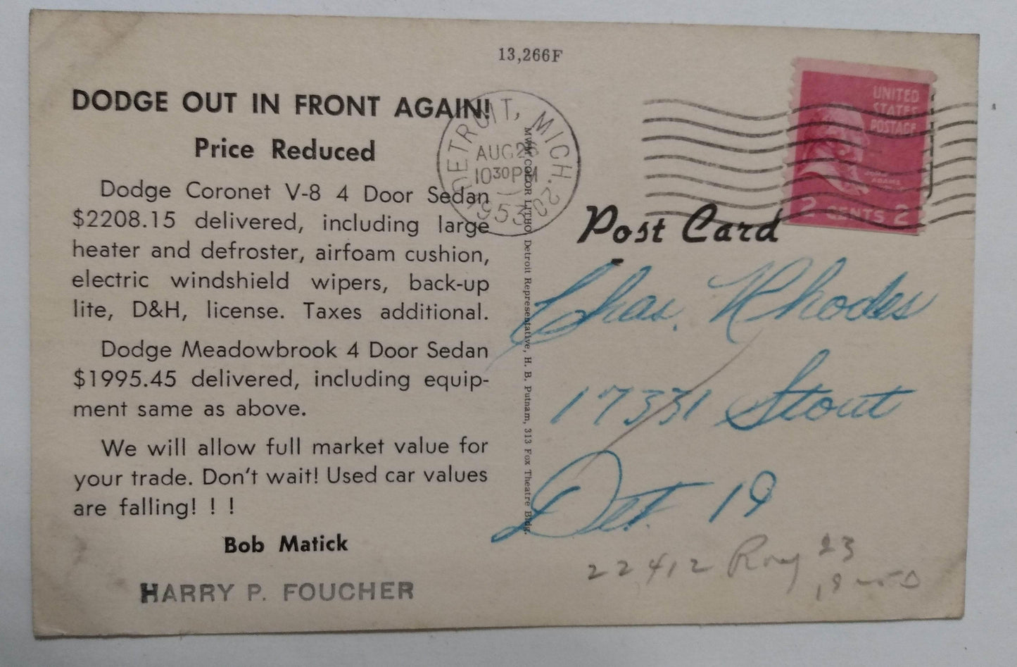 Northeast Auto Co Dodge Plymouth Cars Truck Detroit MI Car Dealer 1953 - TulipStuff