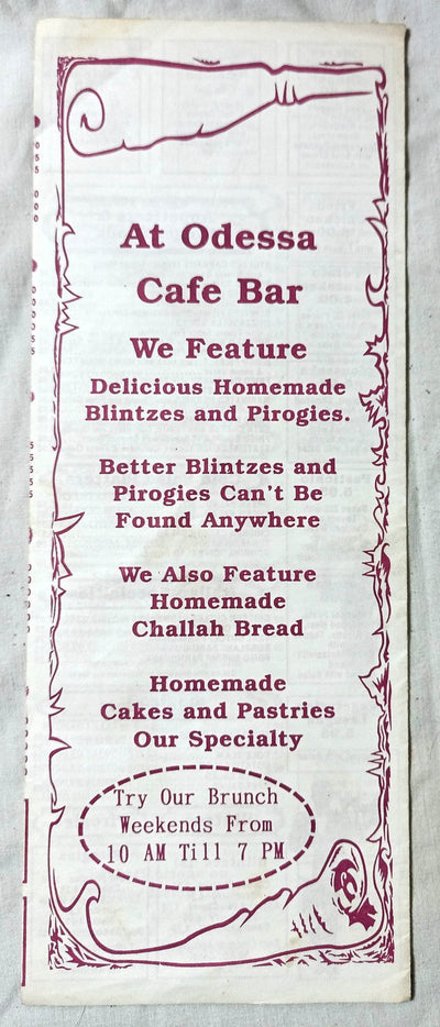 Odessa Cafe Bar Avenue A NYC Restaurant Takeout Menu Late 1990's - TulipStuff
