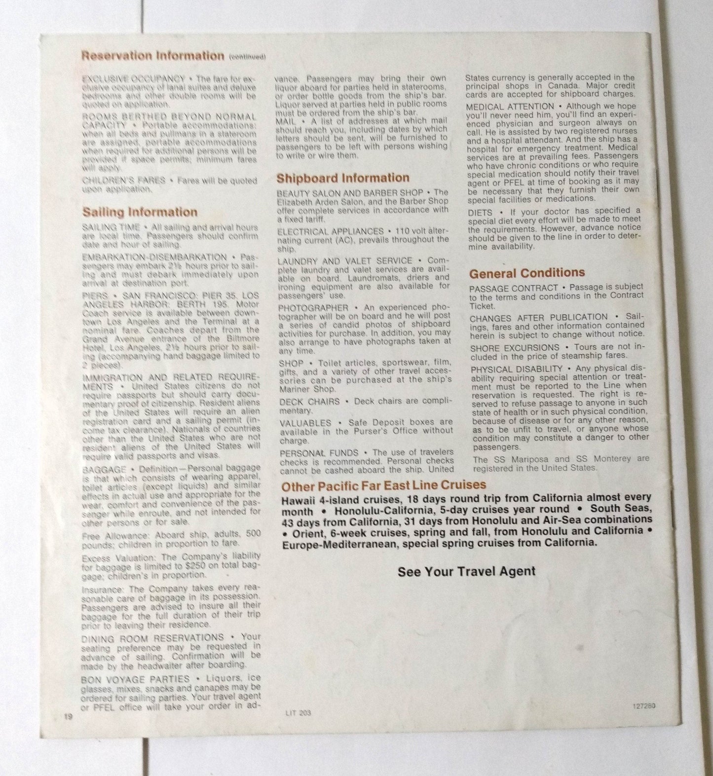 Pacific Far East Line Mariposa Monterey 1974 Alaska Cruises Brochure - TulipStuff