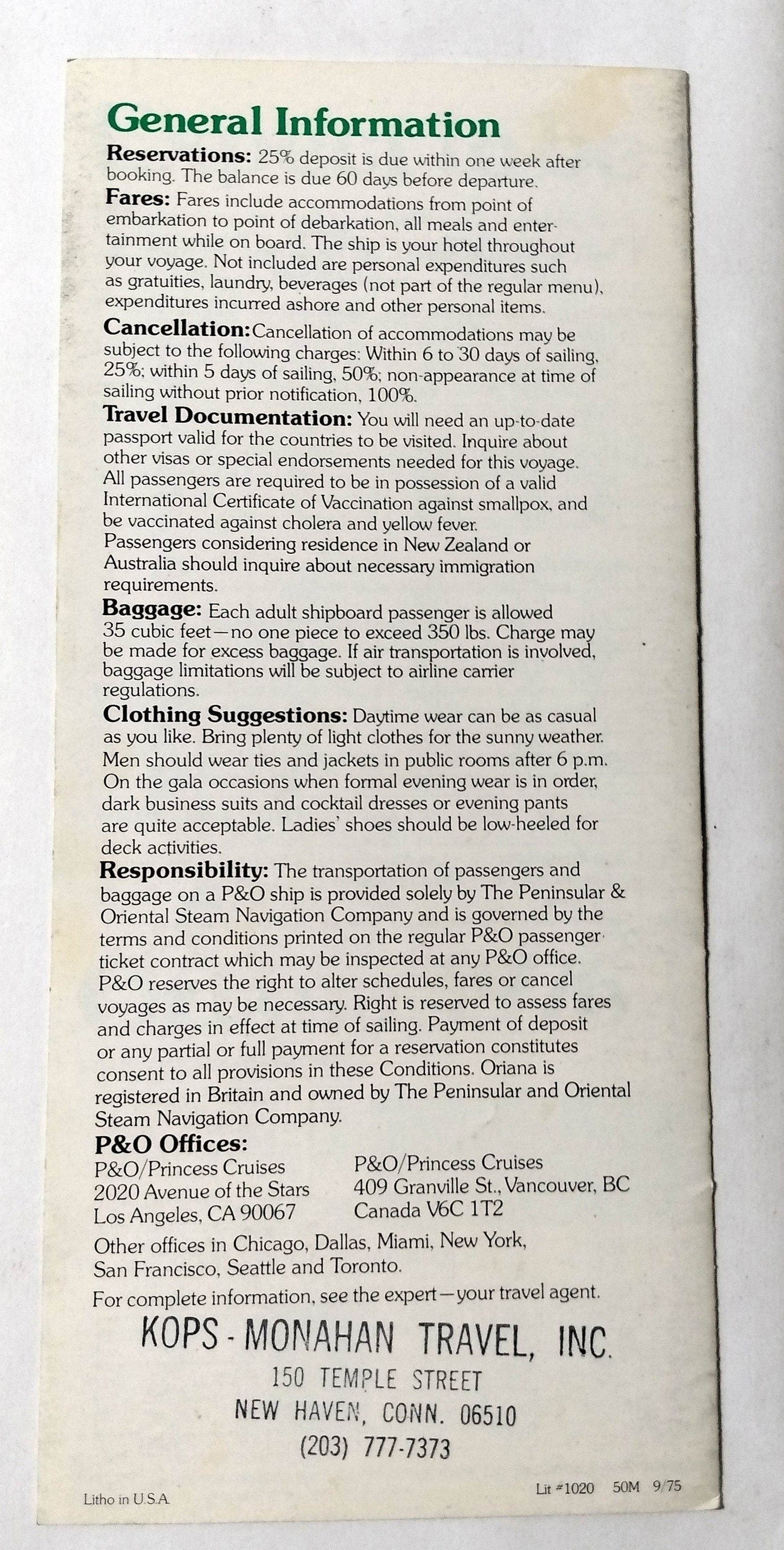 P&O 1976 ss Oriana Europe Caribbean South Pacific Cruises Brochure - TulipStuff