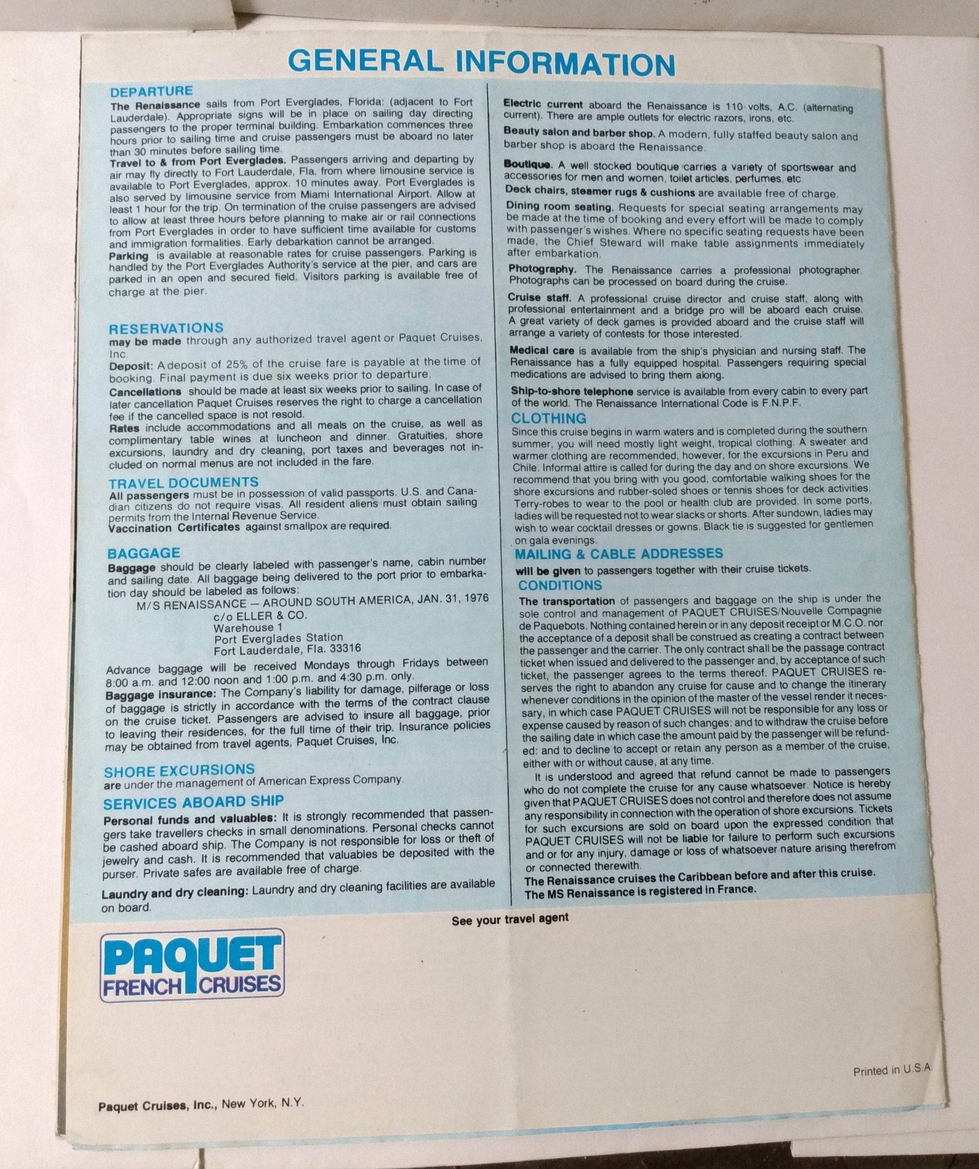 Paquet French Cruises ms Renaissance 1976 South America Brochure - TulipStuff
