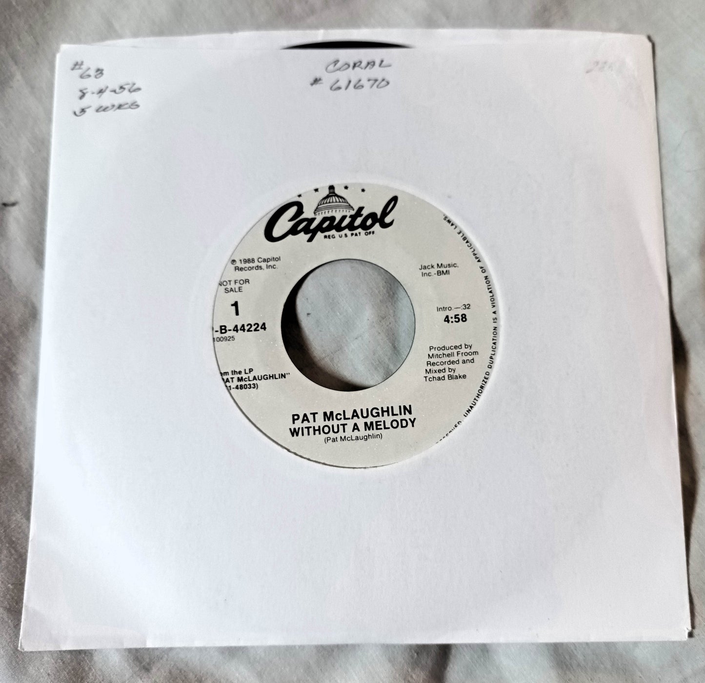 Pat McLaughlin Without A Melody Country Pop Rock 7" Vinyl Promo 1988 -TulipStuff