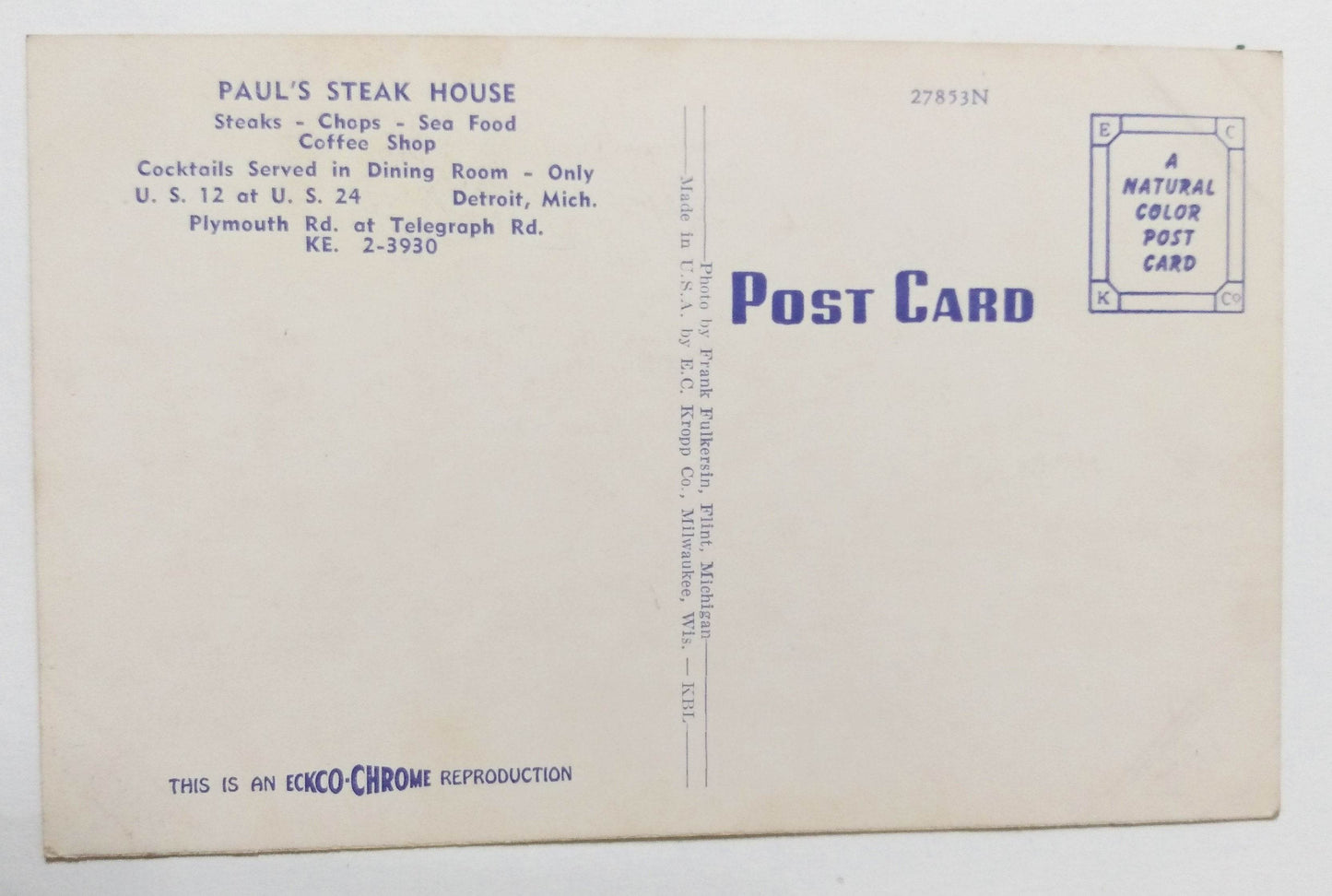 Paul's Steak House Plymouth Rd Telegraph Rd Detroit Michigan 1950's - TulipStuff